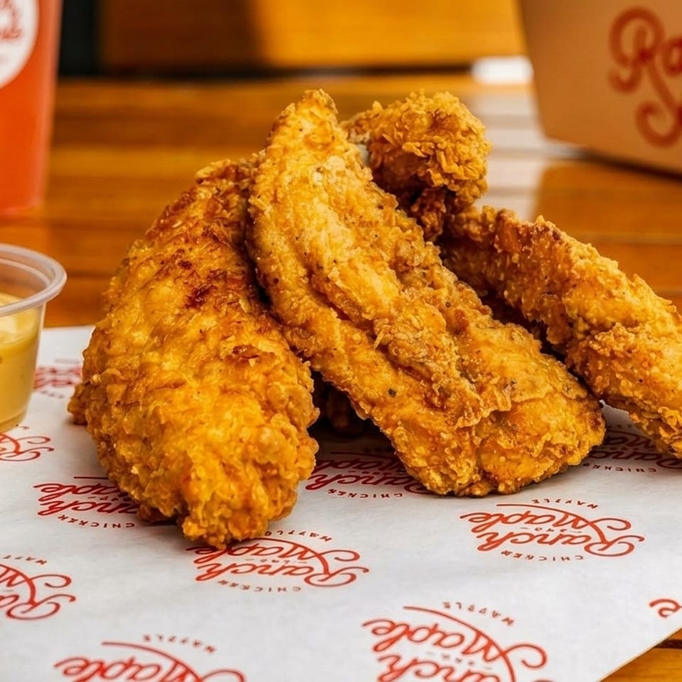 Crispy fried chicken tenders with dipping sauce on Ranch N' Maple branded paper, with a drink and box in the background.