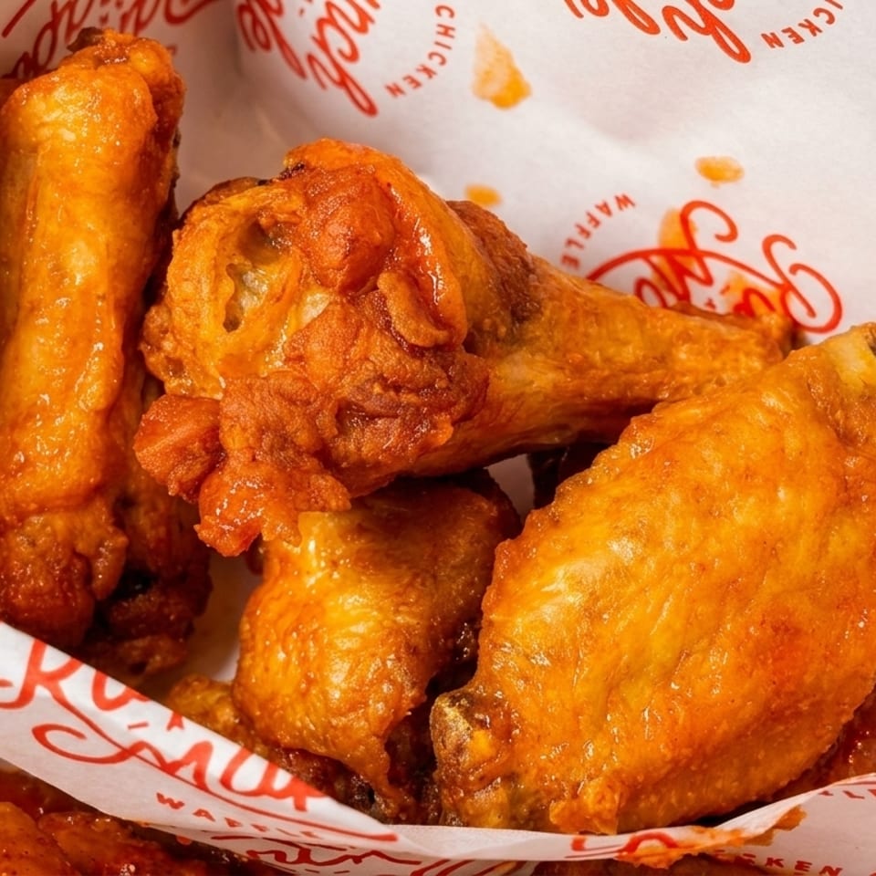Close-up of several crispy, saucy chicken wings in a paper container with "Brunch and Maple" branding.