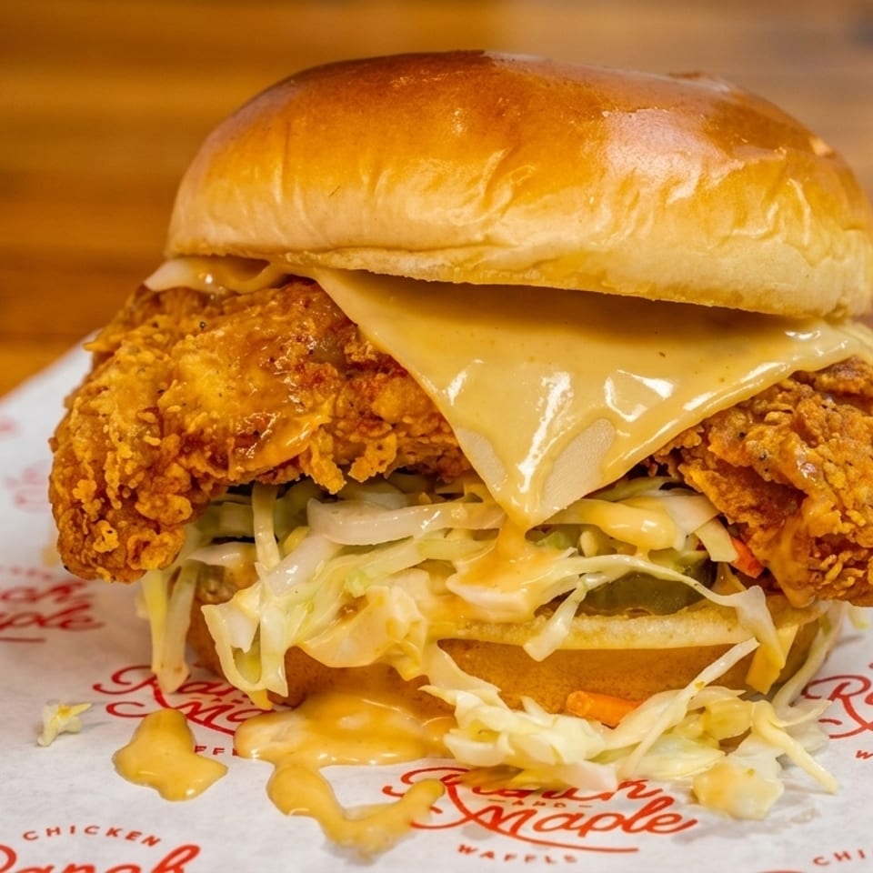 A crispy fried chicken sandwich with melted cheese, coleslaw, and sauce on a branded wrapper.