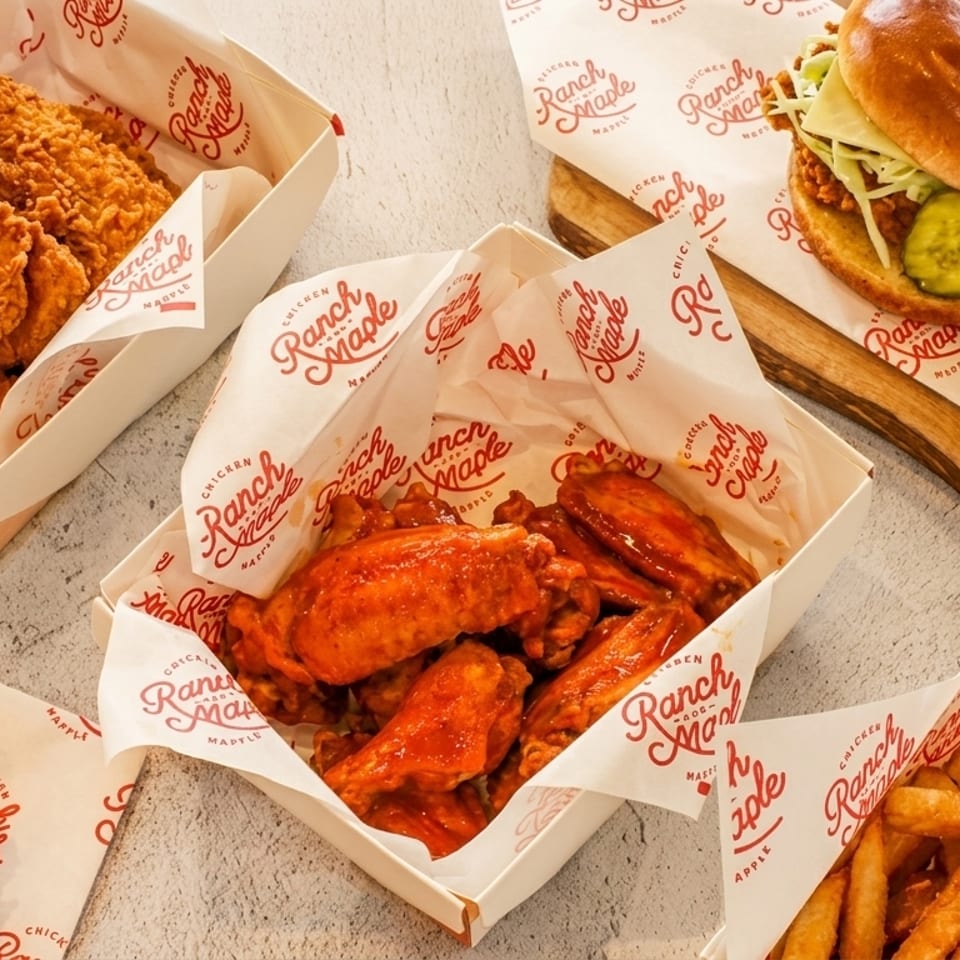 Assortment of fried chicken, buffalo wings, chicken sandwiches, and french fries from Ranch Maple.
