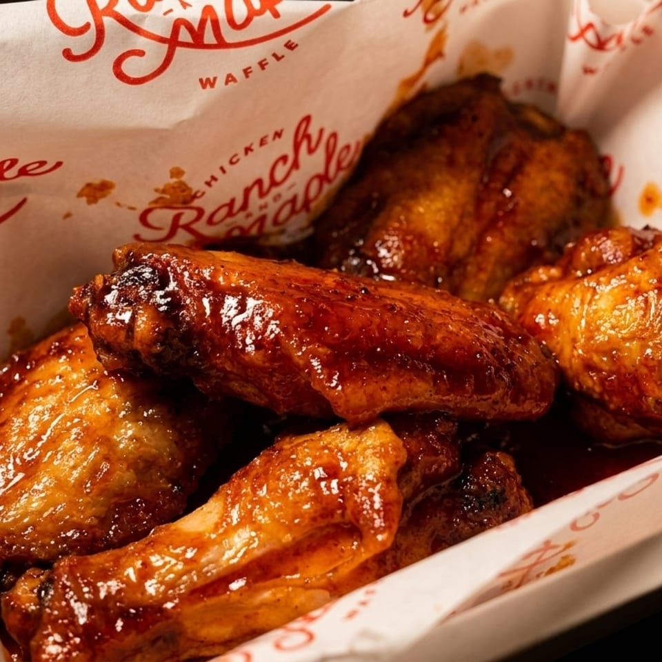 Glossy, saucy chicken wings in a white container lined with "Ranch Maple Chicken Waffle" paper.