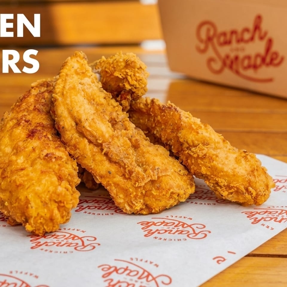 Golden-brown chicken tenders on branded paper, with a "Ranch & Maple" box in the background.