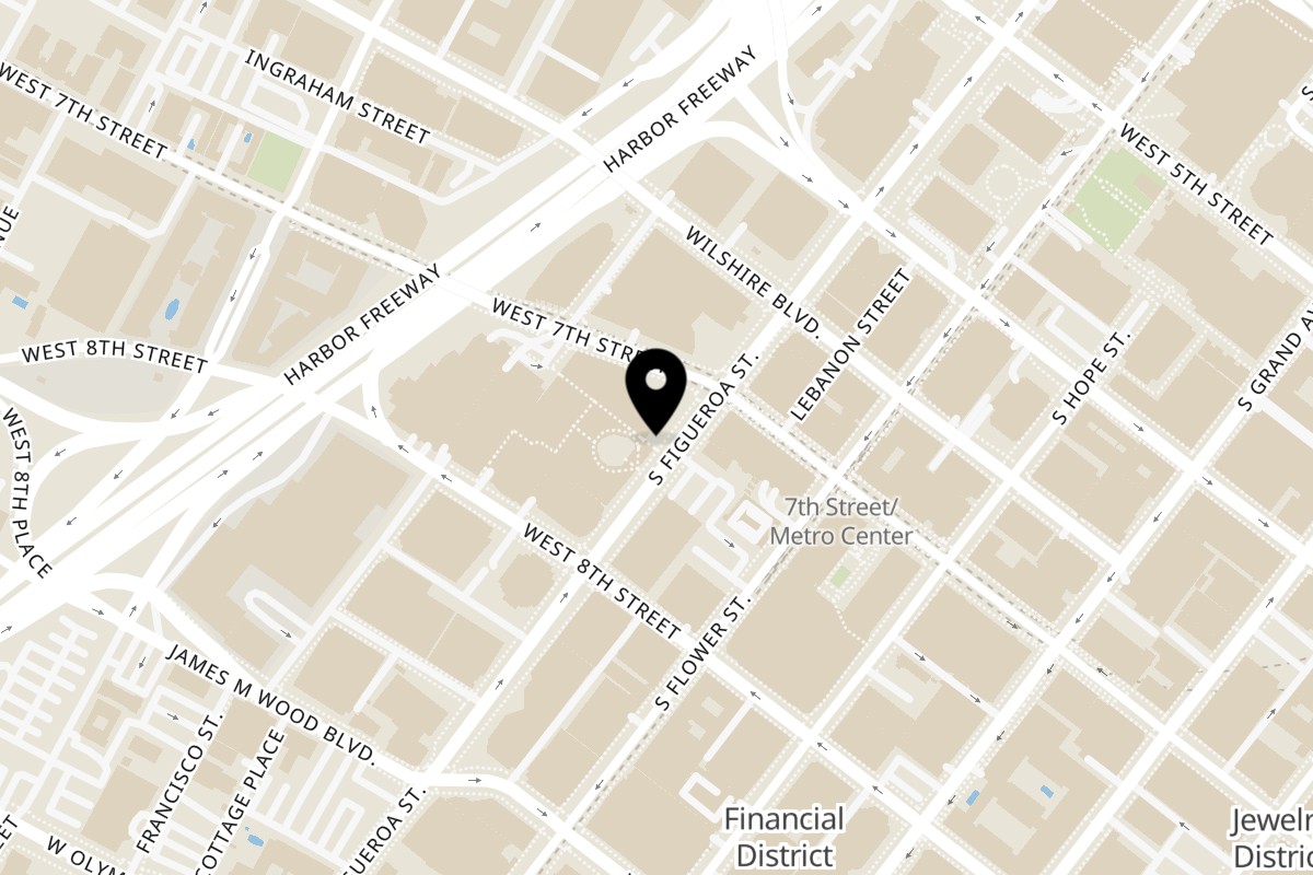Map showing the location of Ranch and Maple on 735 S Figueroa St Suite 123 in Los Angeles